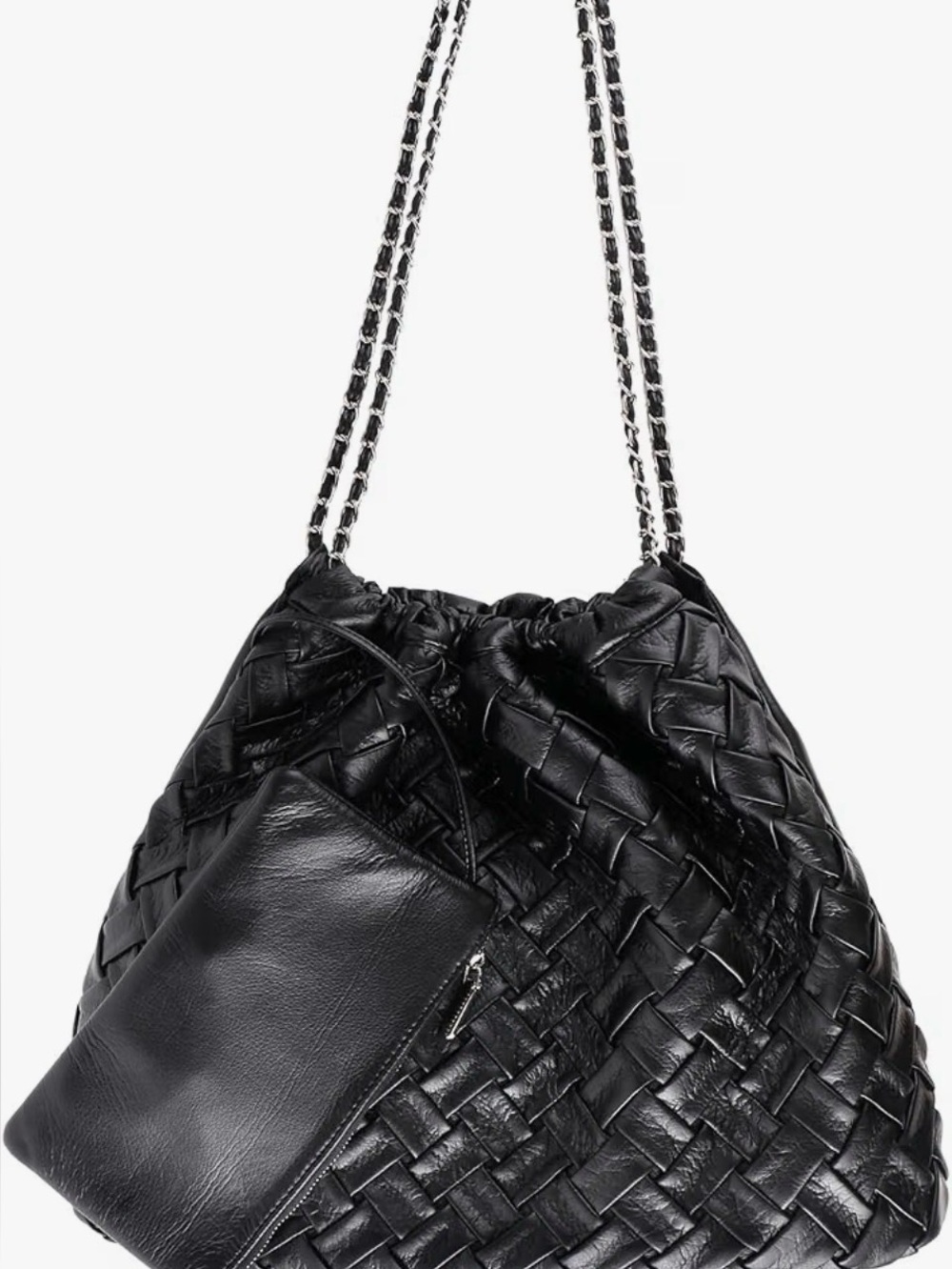Black Woven Shoulder Bag with Chain-Strap